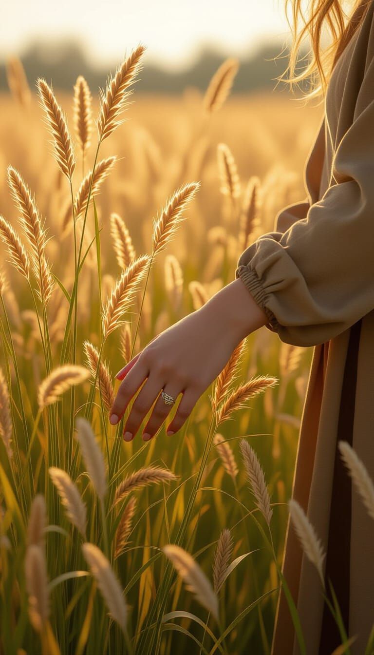 Sun-Drenched Grassland Touched by Fingertips