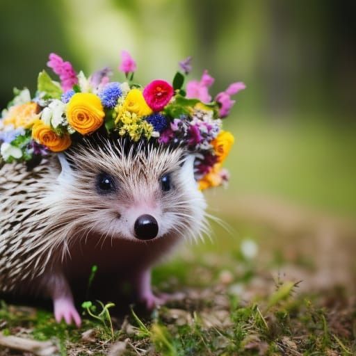 Hedgehog Wearing Flower Crown in a DSLR Photo