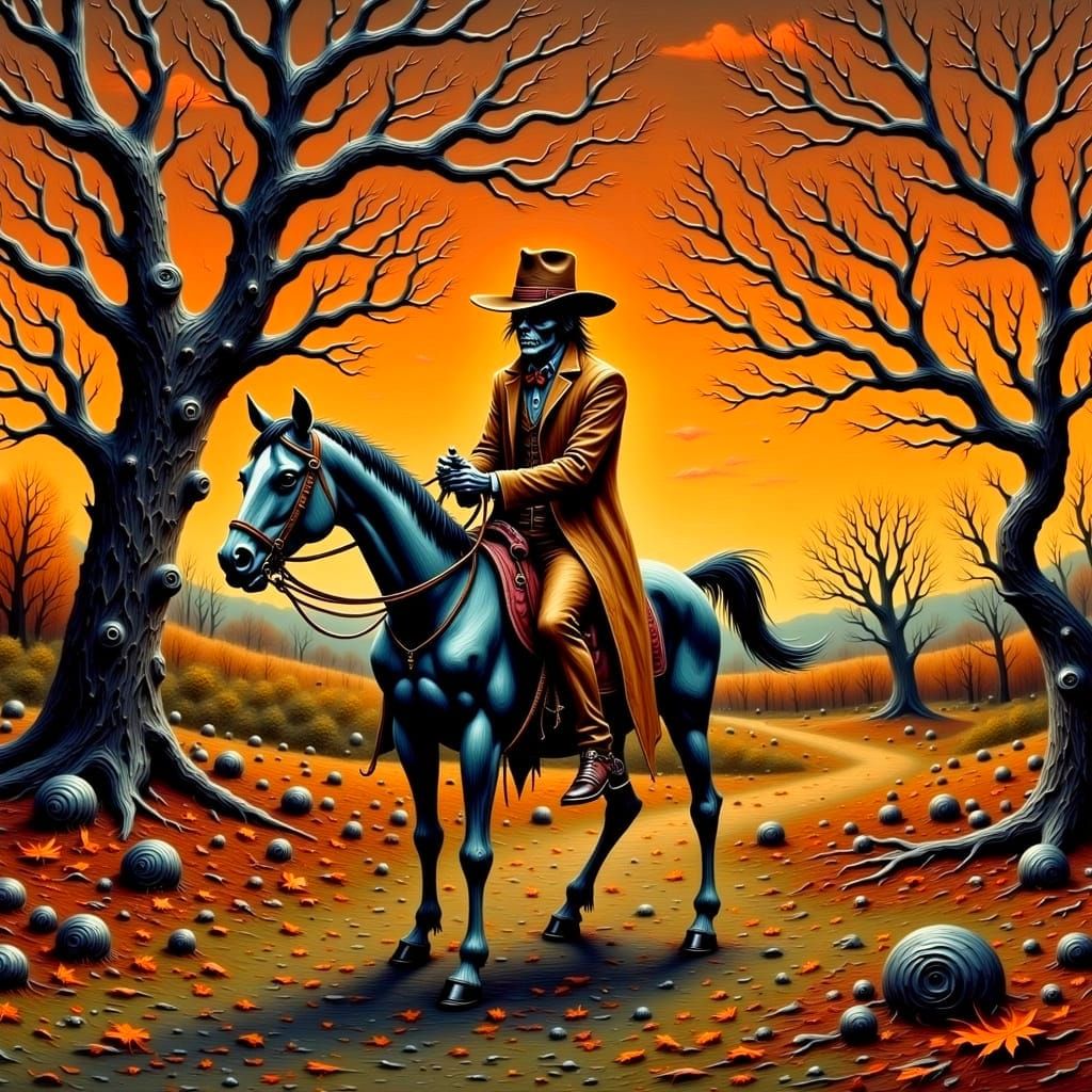 Grizzled Zombie Outlaw Rides Through Twisted Autumn Landscap...