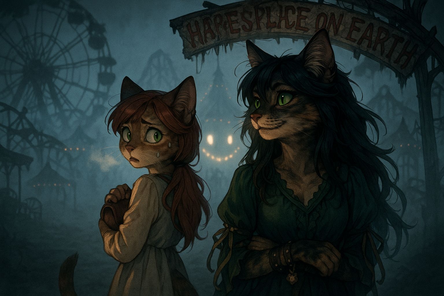 Sinister Anime Carnival Scene with Anthropomorphic Cats
