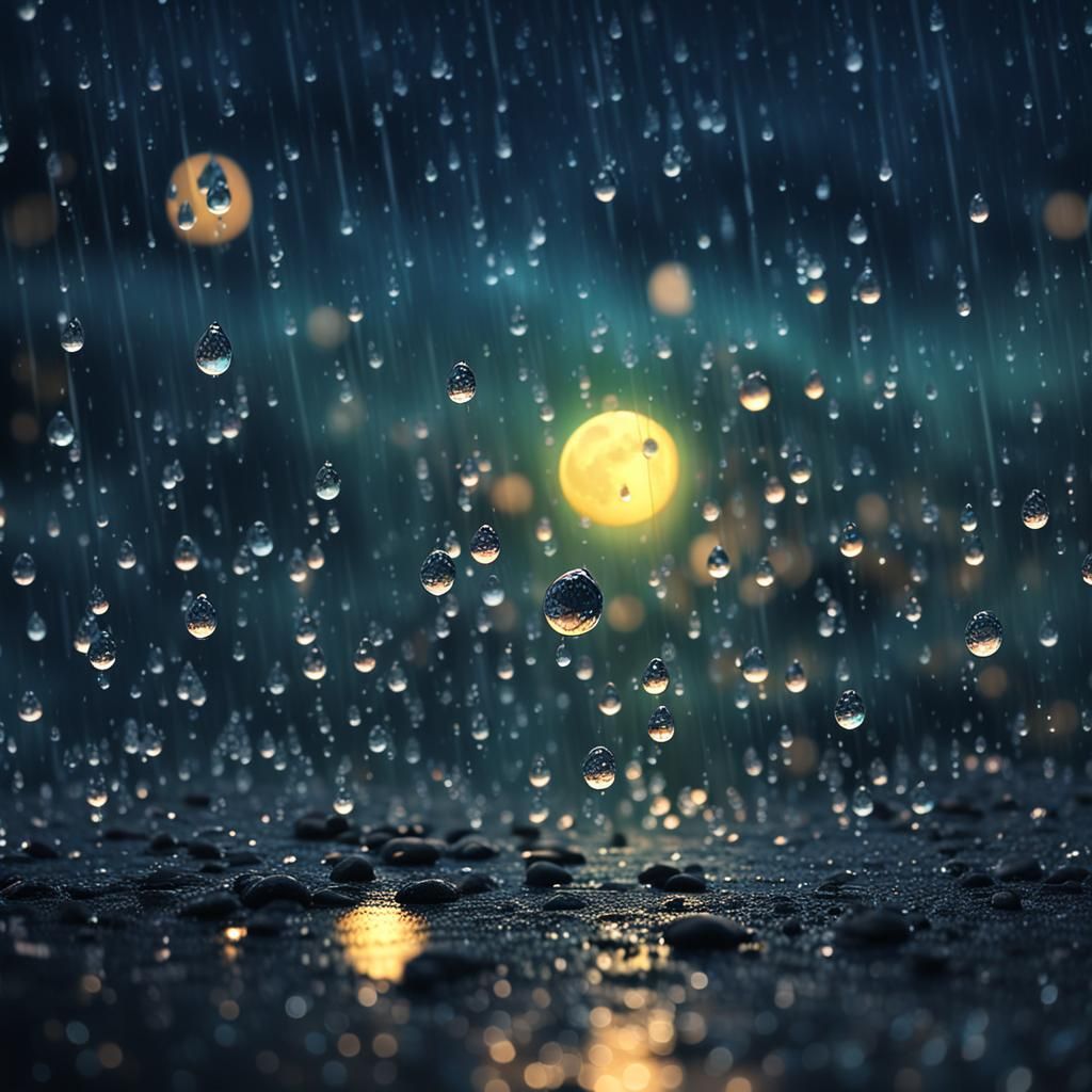 Transparent Raindrops on Moonlit Night