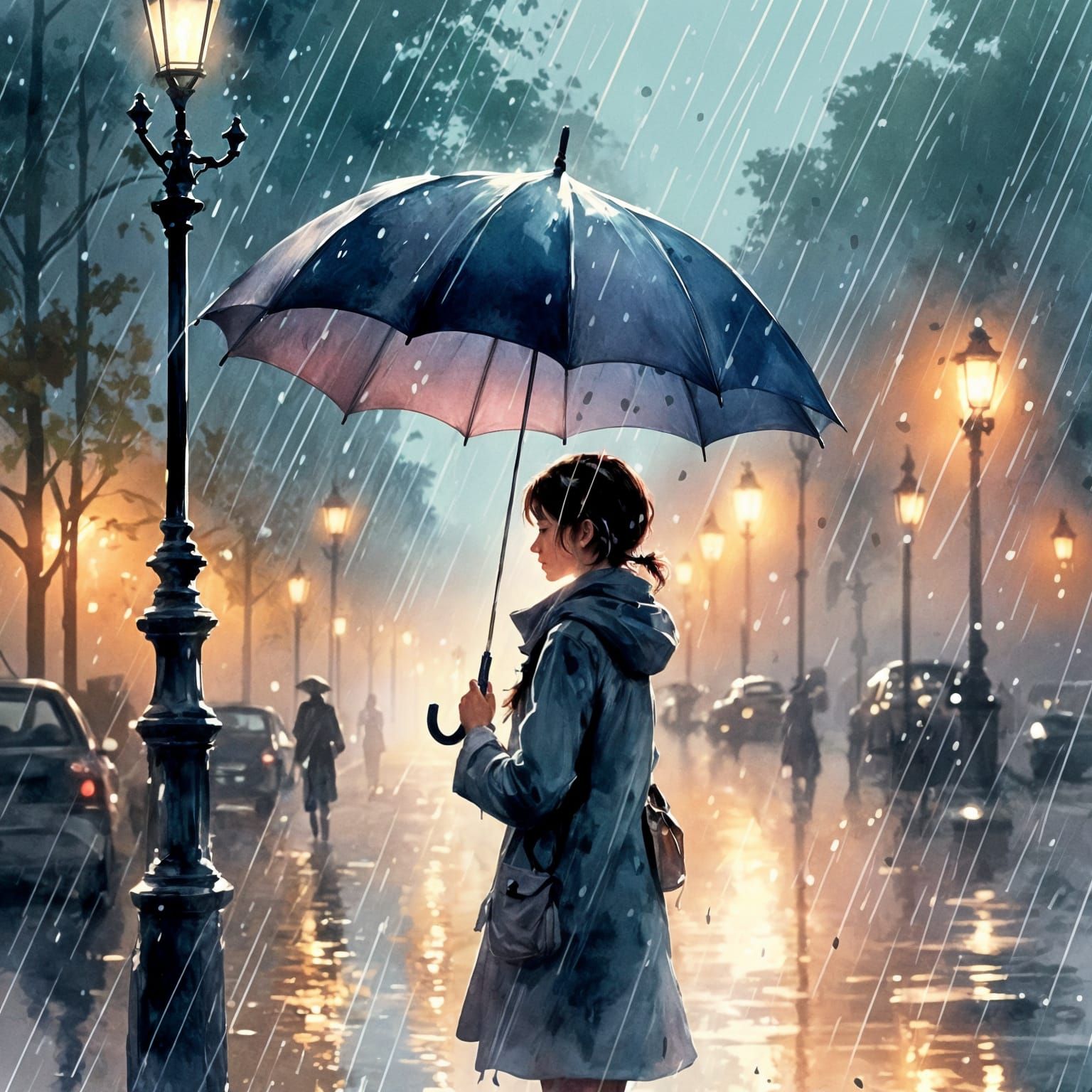 Person with Umbrella in Rainy Fairytale Illustration