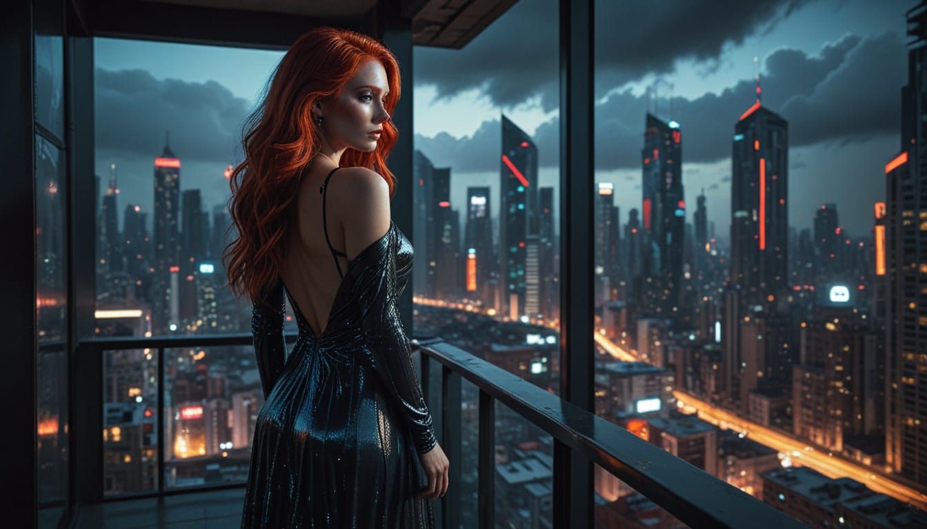 Woman Overlooking Cyberpunk City at Night