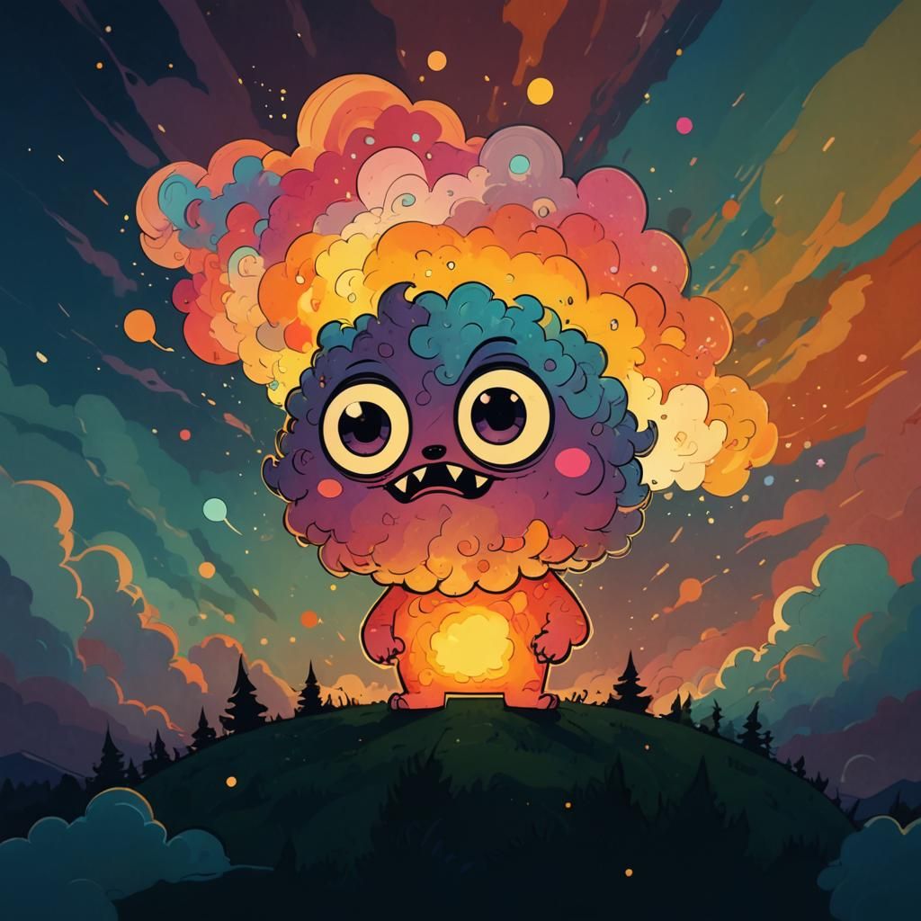 Monster Dreams of Colorful Sky in Cartoon Style