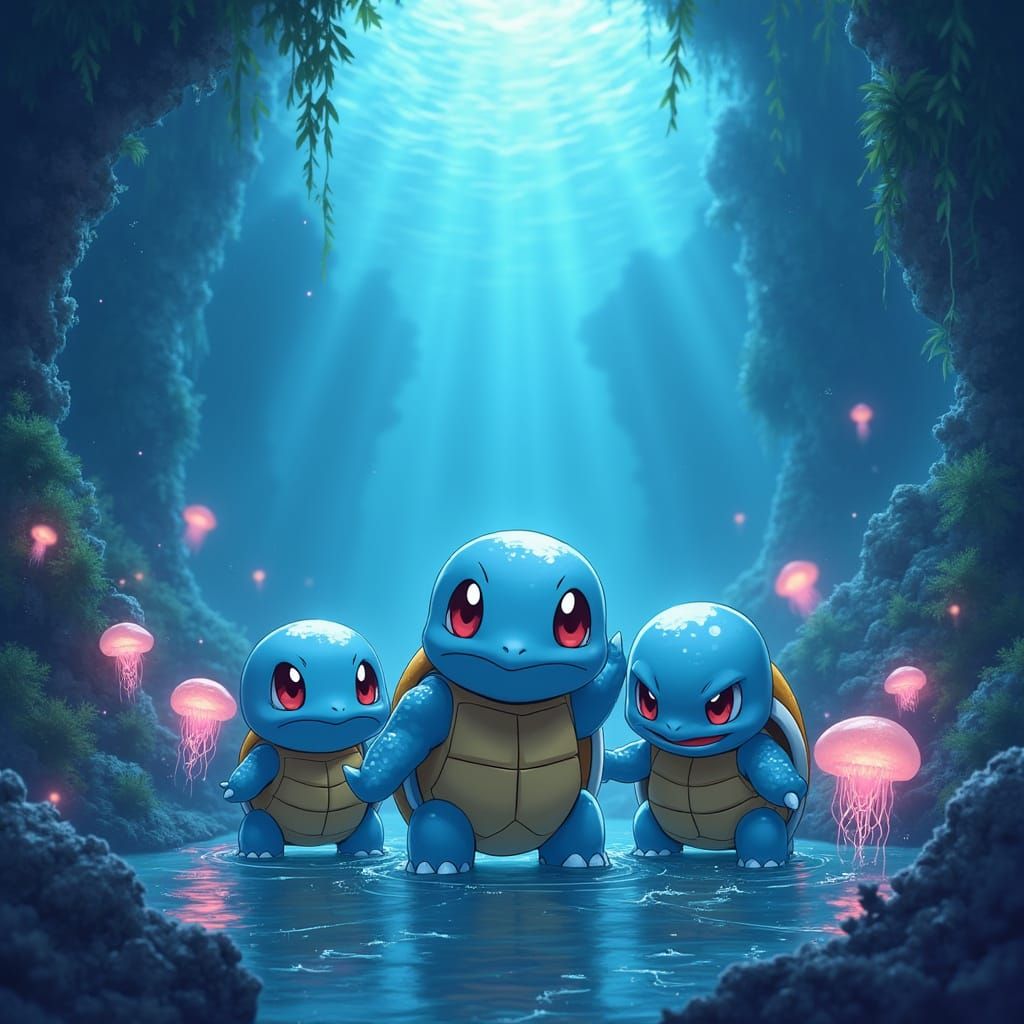 Majestic Water-Type Pokémon Trio in Vibrant Underwater Caver...
