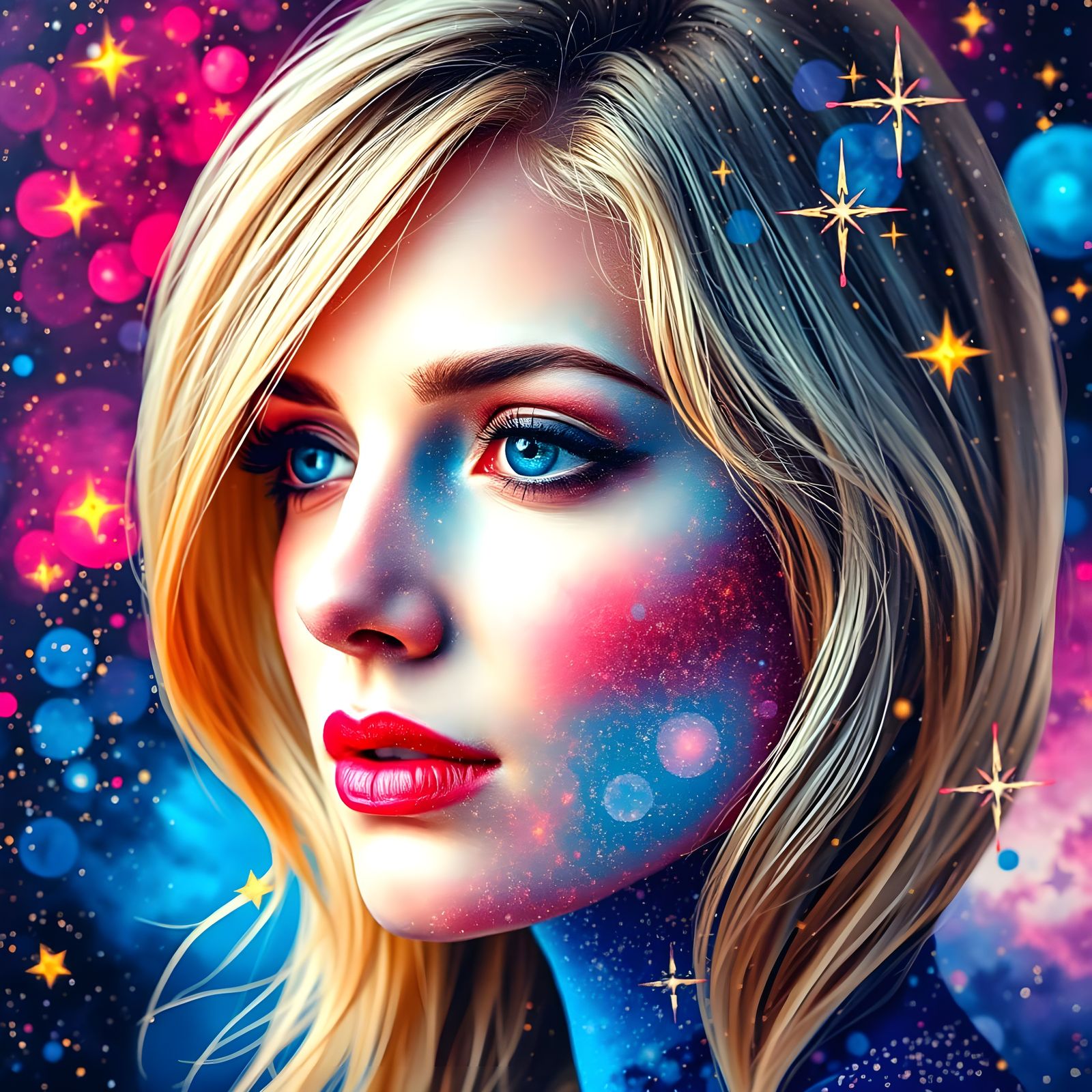 Surreal Cosmic Portrait in Vibrant Plum and Magenta Hues