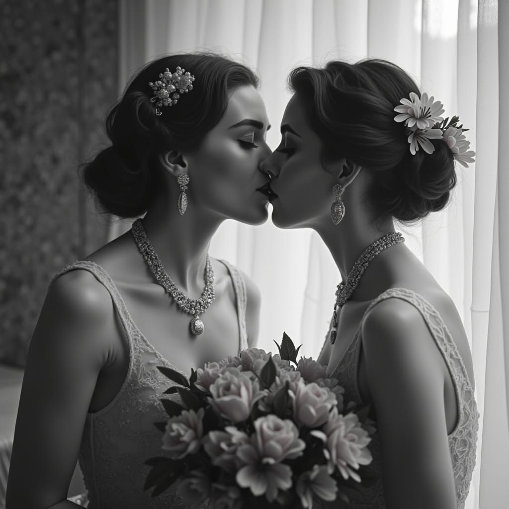 Elegant 1920s Women Kiss in Vintage Photograph Style