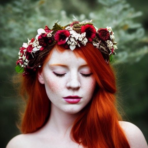 Redhead Maiden: Cranberry Flower Crown Vogue Portrait