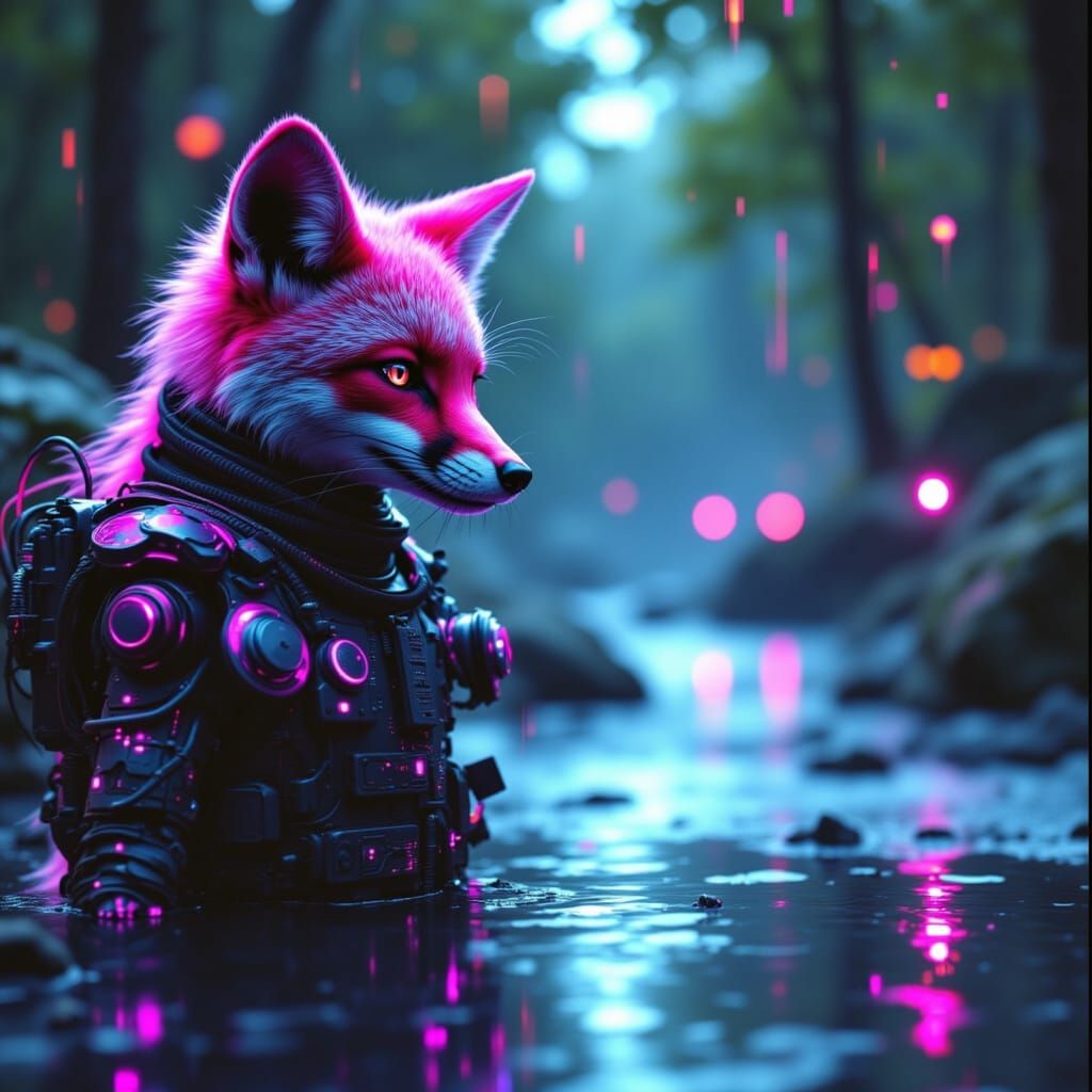 Young Fox in Cyberpunk Patchwork Armor Contemplates Digital ...