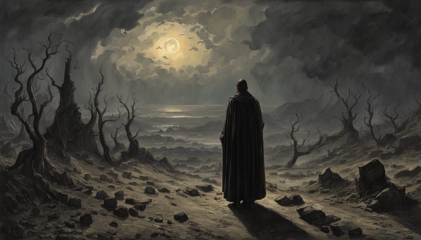 Dark Fantasy Figure in Desolate Landscape