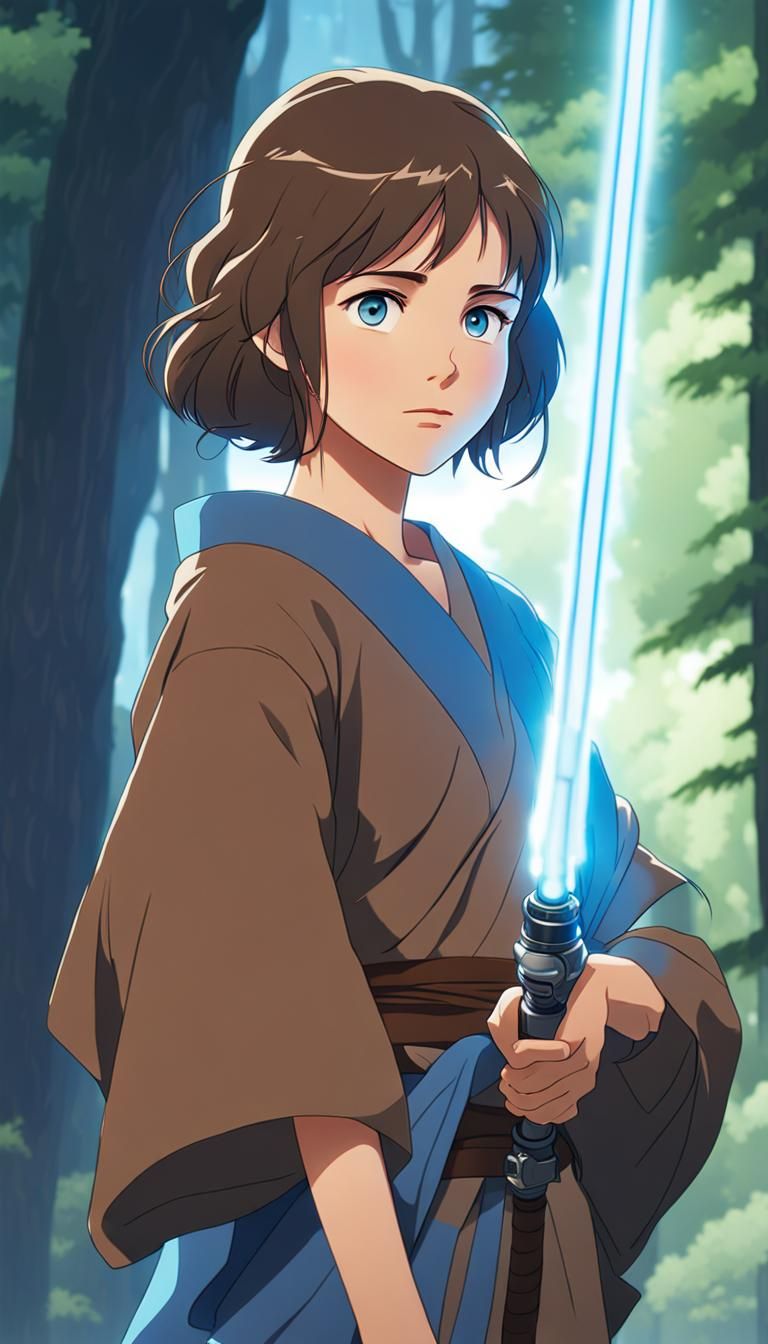 Anime Jedi Girl with Lightsaber in Ghibli Style