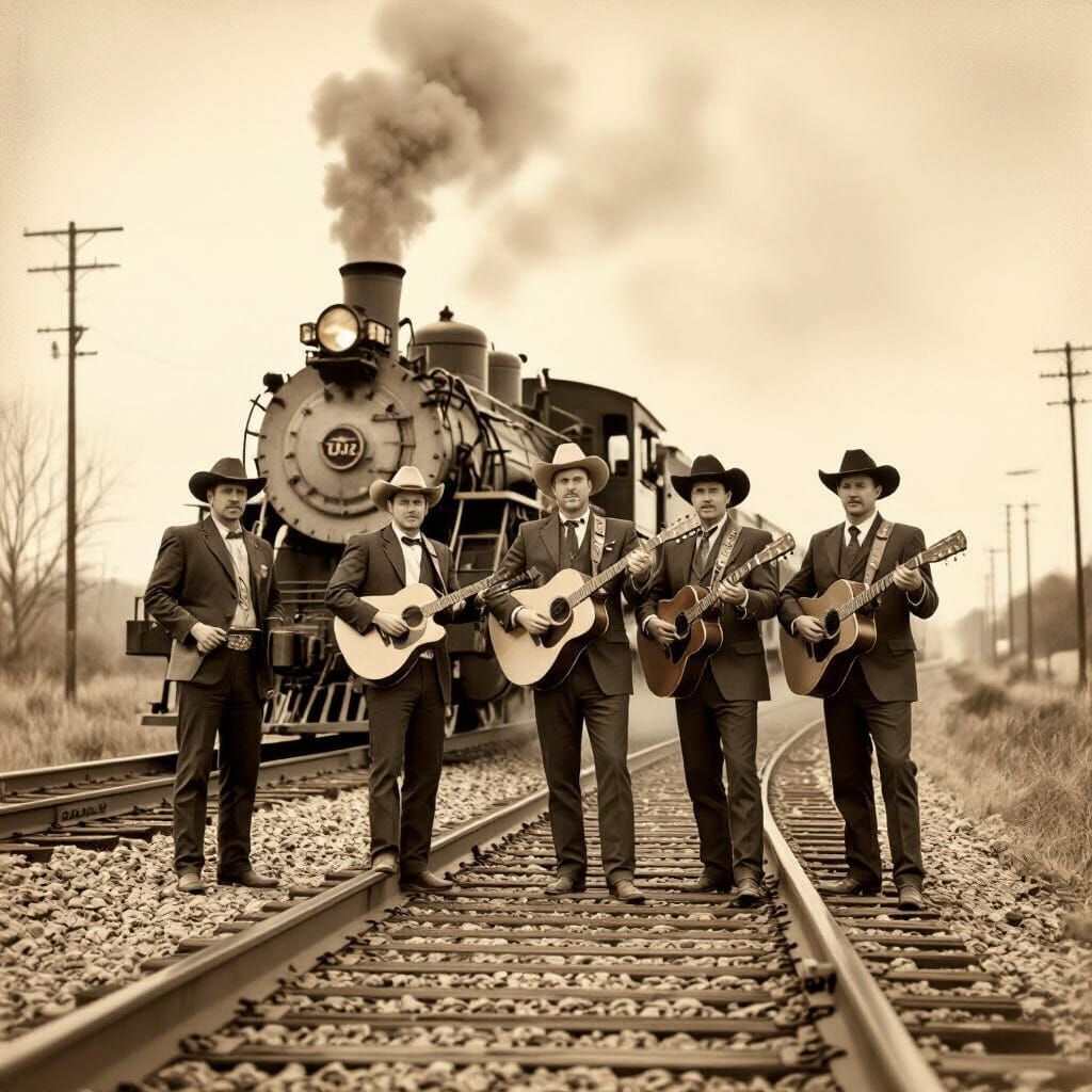 1930s Country Band on Railroad Tracks in Sepia