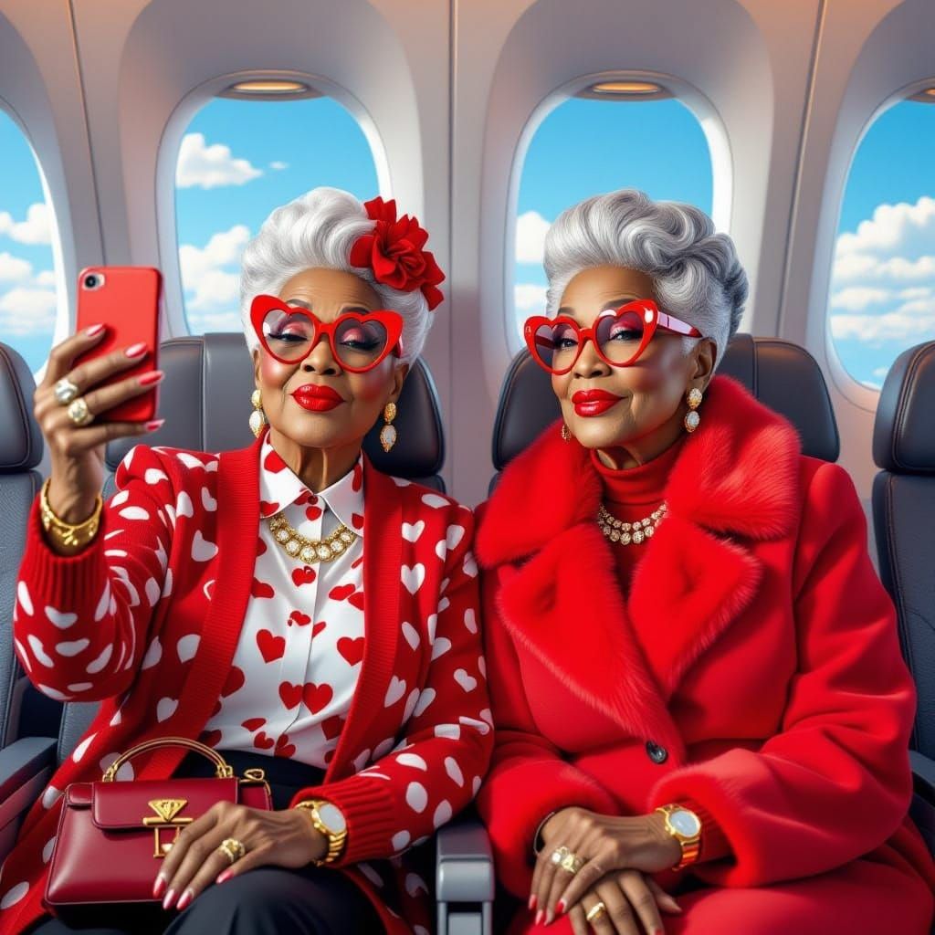 Cartoon of Stylish Elderly Women Taking Airplane Selfie