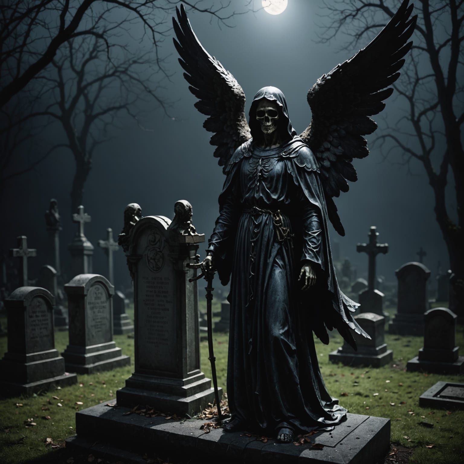 Mysterious Figure of Death in a Somber Graveyard Scene