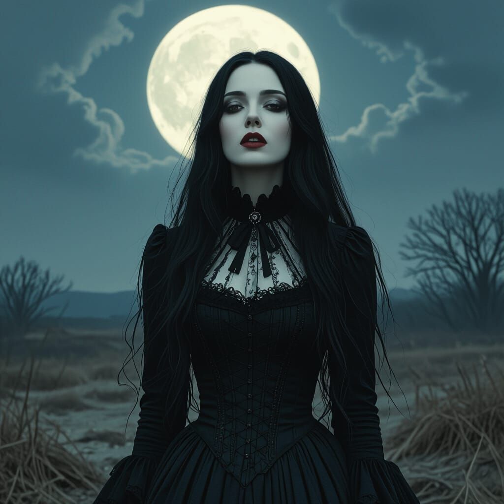 Victorian Woman in Moonlit Wasteland: Gothic Realism