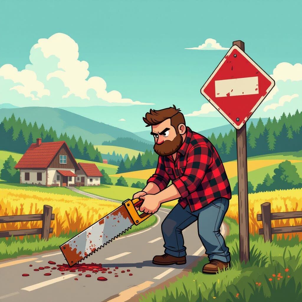 Pixel-Art Man Saws Road Sign in Poland