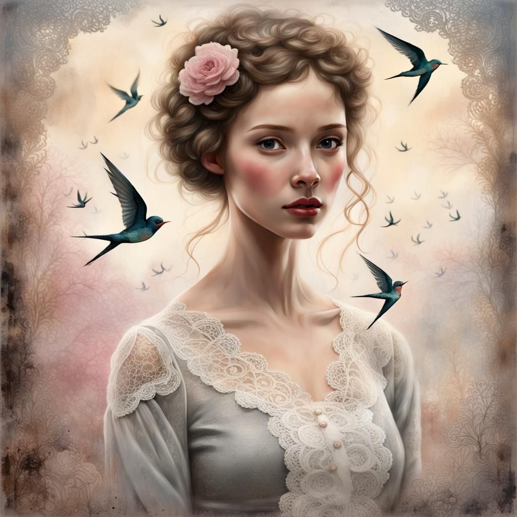 Lace-Adorned Girl Portrait in Soft Pastel Fantasy Style