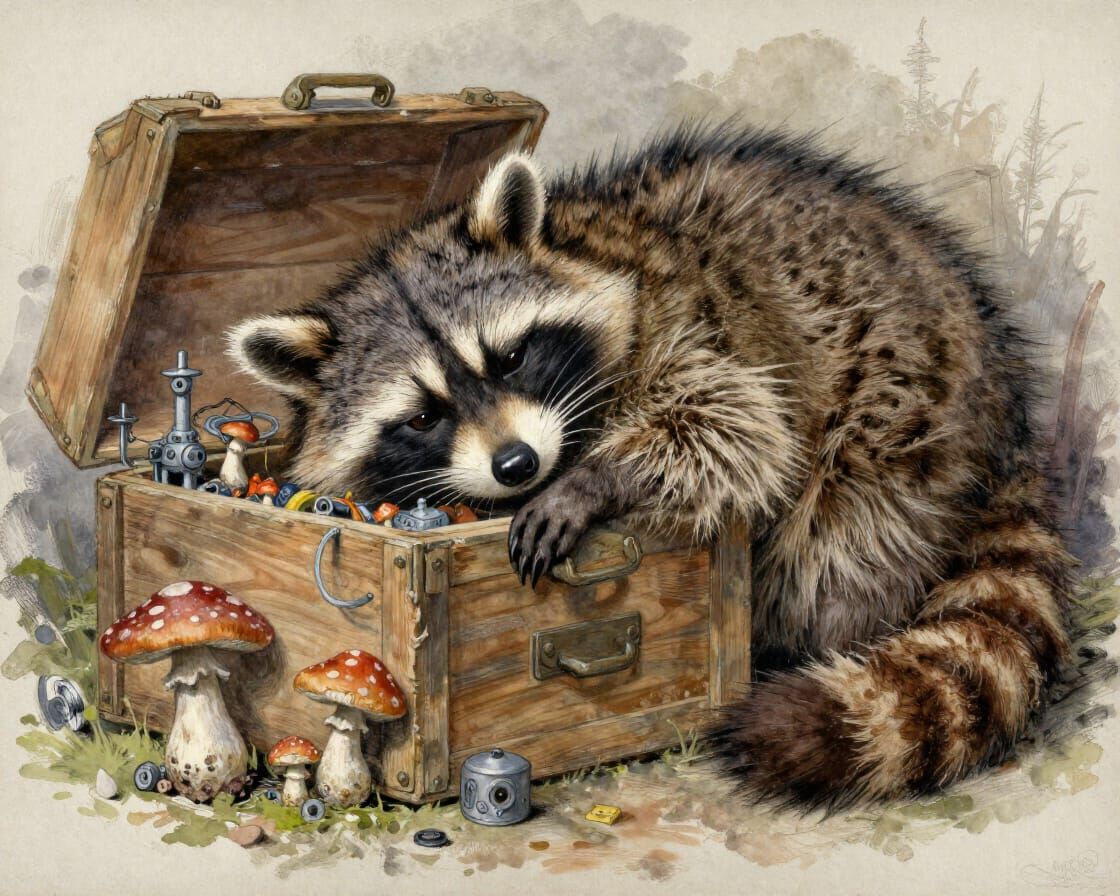 Raccoon Tinkerer Slumped by Mushroom Workshop