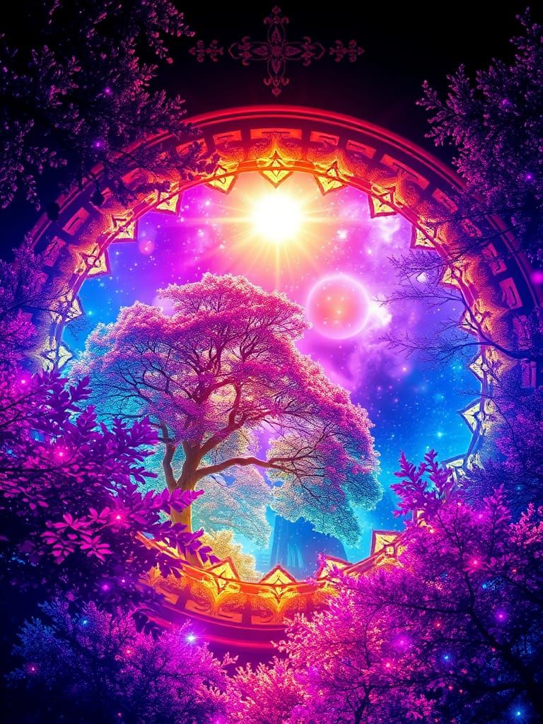 Bioluminescent Forest Framed in Stained Glass