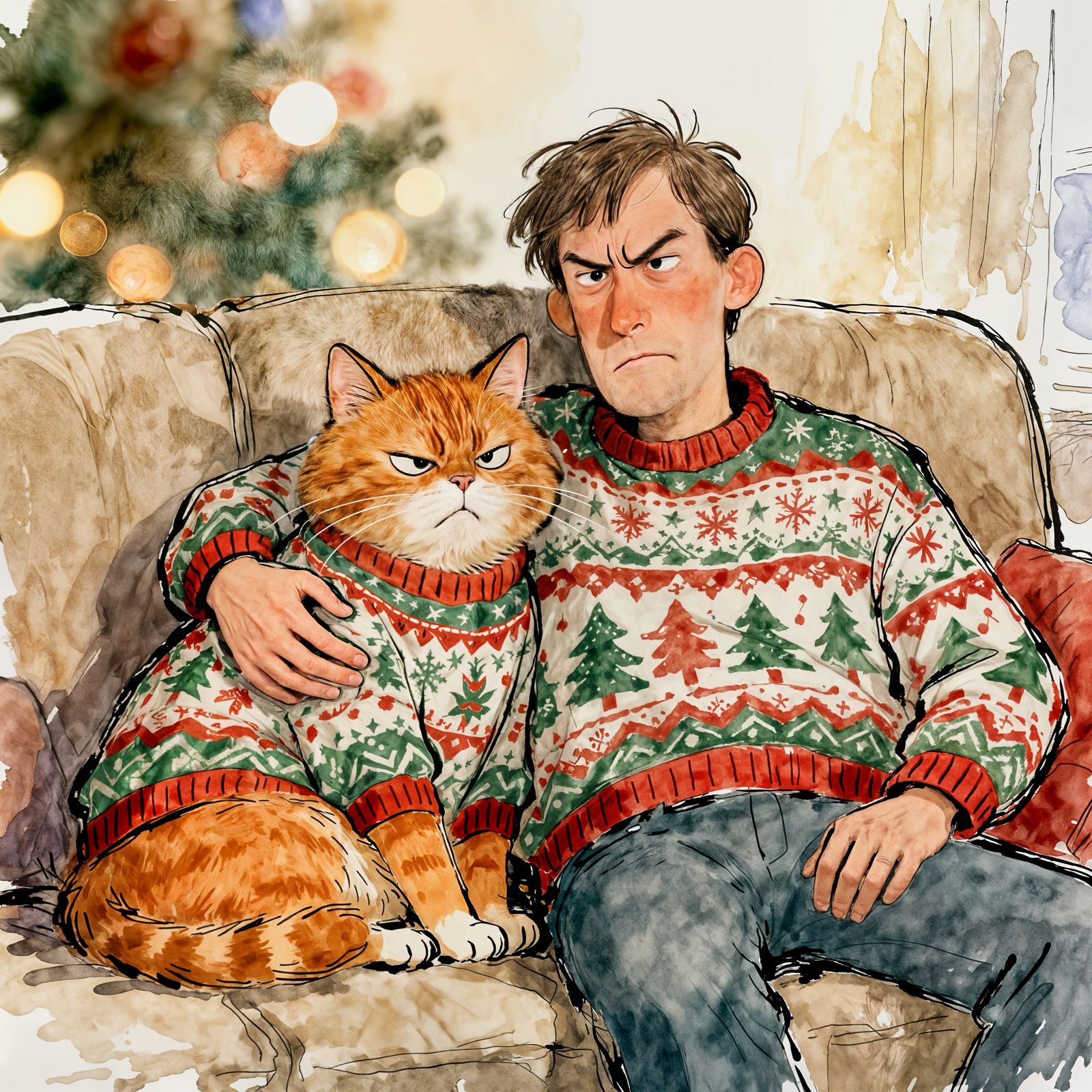 Grumpy Cat and Owner Match in Ugly Christmas Sweater
