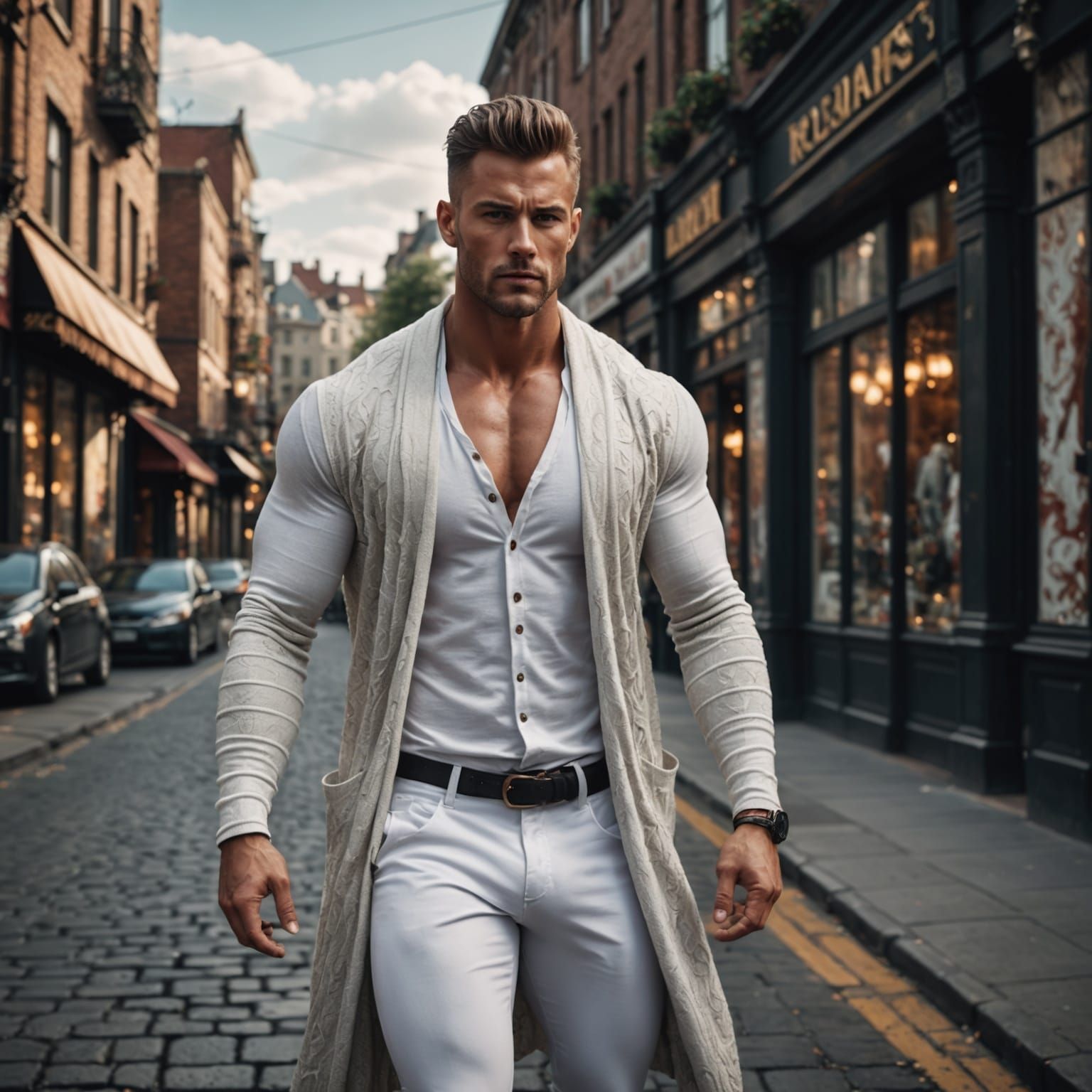 Muscular Model in Vibrant Street Scene