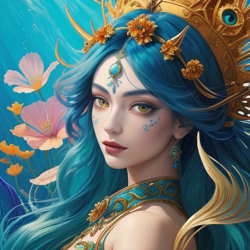 Mermaid with Peacock Tail in Abstract Style