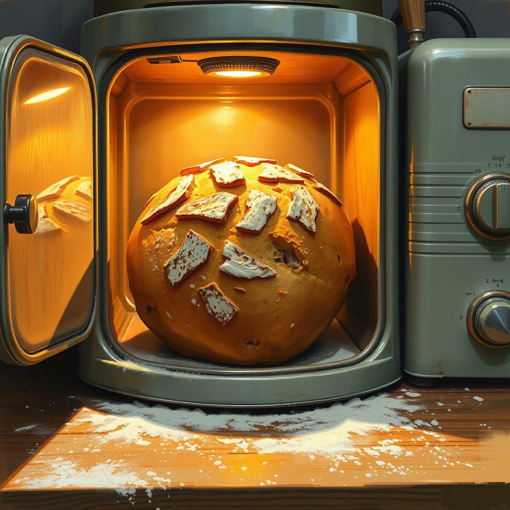 Warmth of Artisan Bread Emerging from Vintage Baking Machine