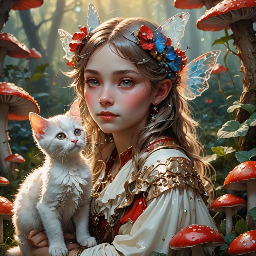 Fairy and Kitten Portrait in Hyper-Realistic Style