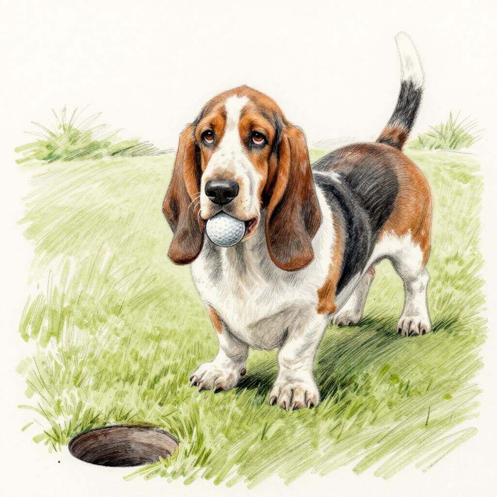 Basset Hound with Golf Ball in Pencil Sketch Style