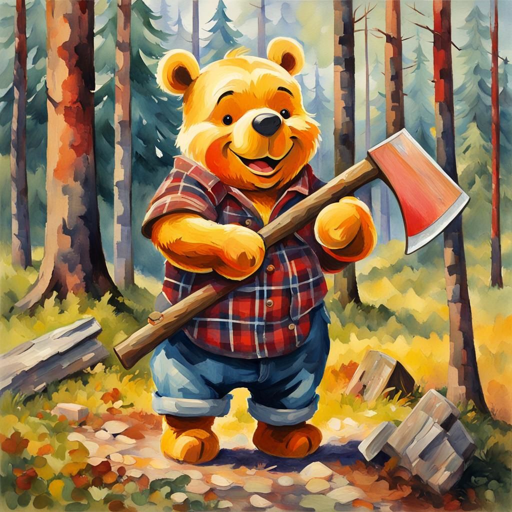 Winnie the Pooh as Lumberjack in Gouache Style