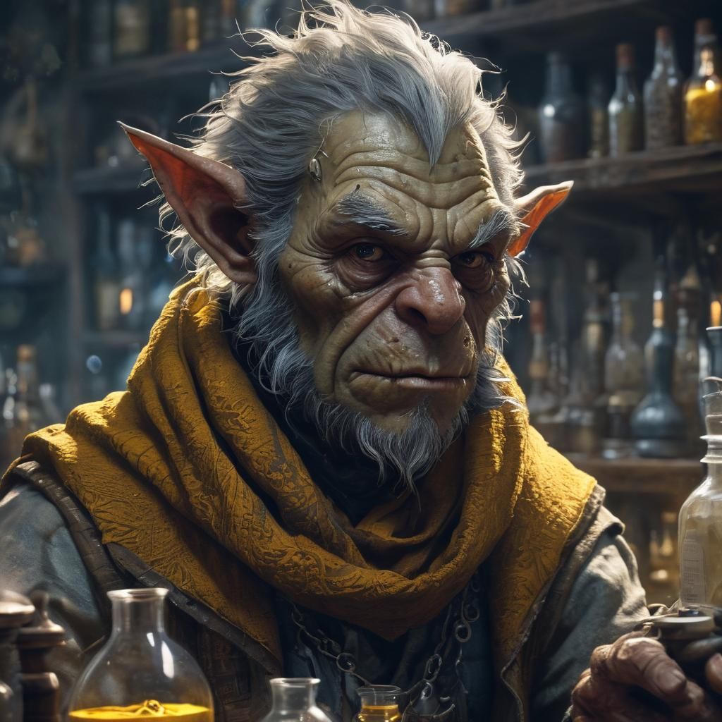 Goblin Alchemist Portrait in Dark Academia Style
