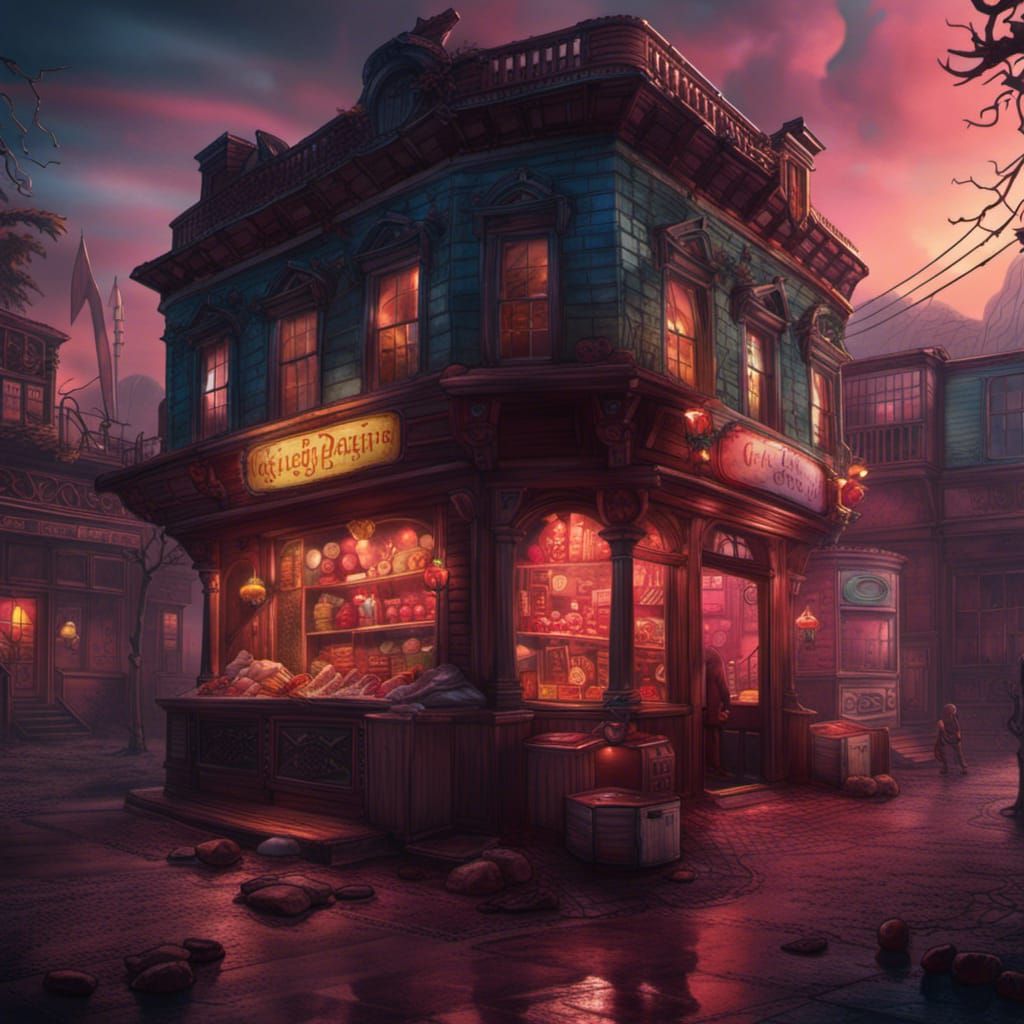 Nightmarish Candy Shop Interior in Matte Painting Style