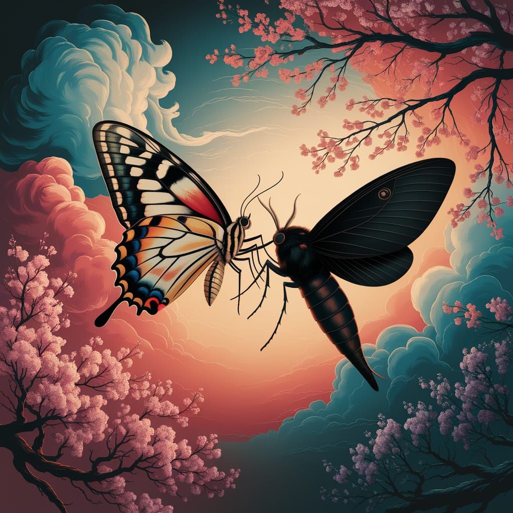 Butterfly vs Moth Duel in Post-Impressionist Style
