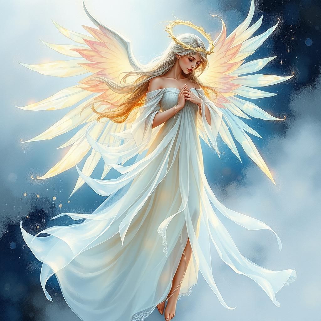 Ethereal Angel with Iridescent Wings in Alcohol Ink Style