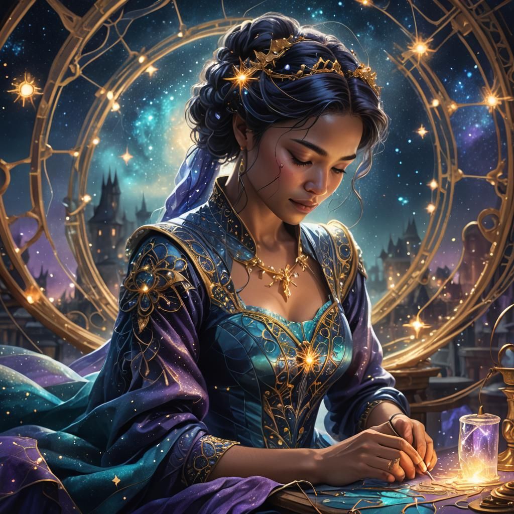 Seamstress Repairs Celestial Fabric in Splash Art Style