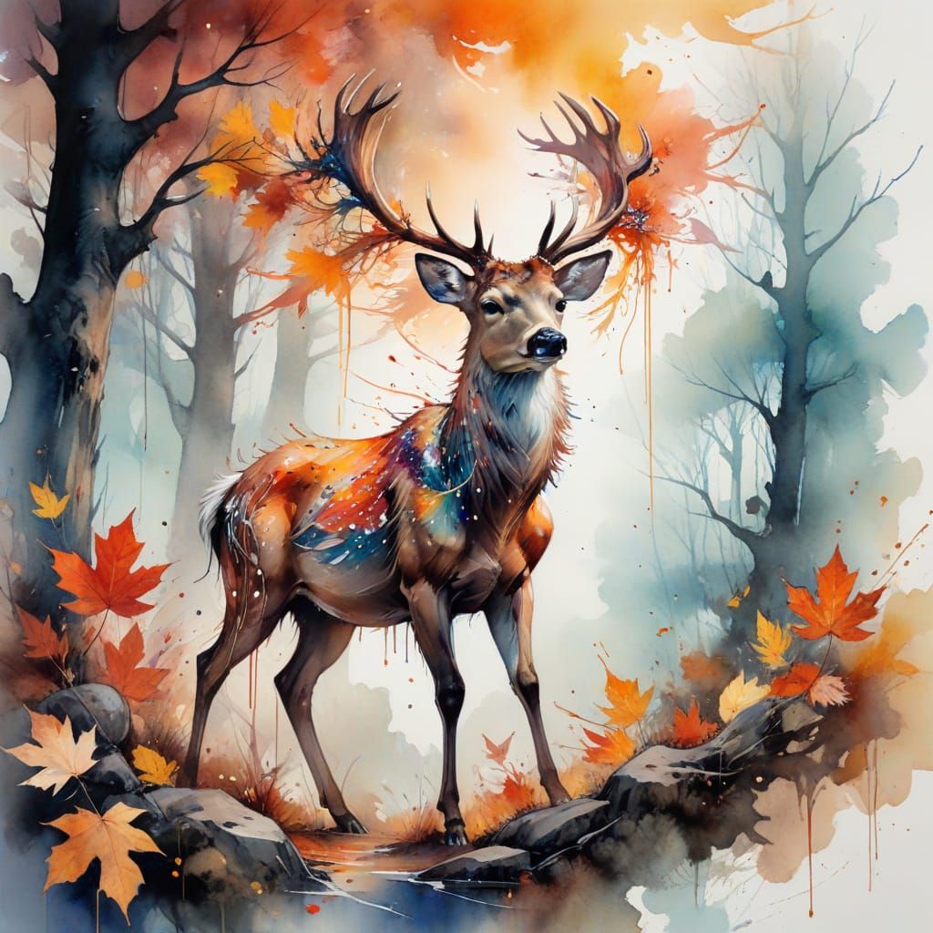 Mystic Deer in Autumn Forest Landscape Painting