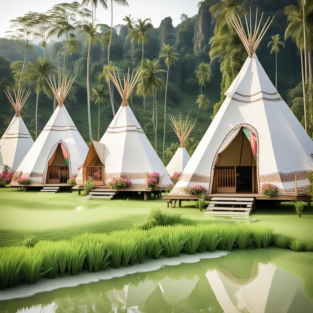 Lush Green Field with Cabins in Sumatraism Style