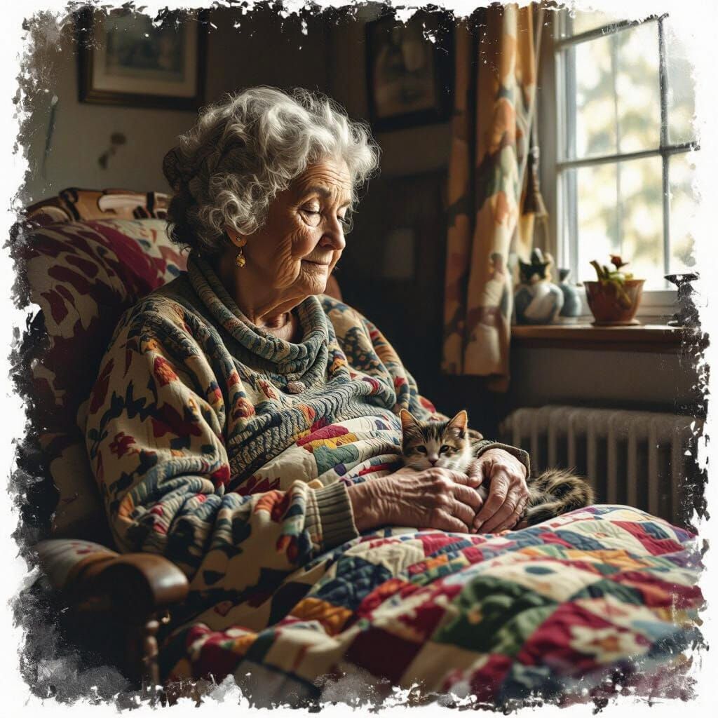 Elderly Woman and Cat in Sepia-Toned Hyperrealism