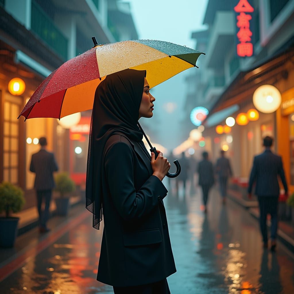 Elegant Woman in Rainy Cityscape: Matte Painting Style