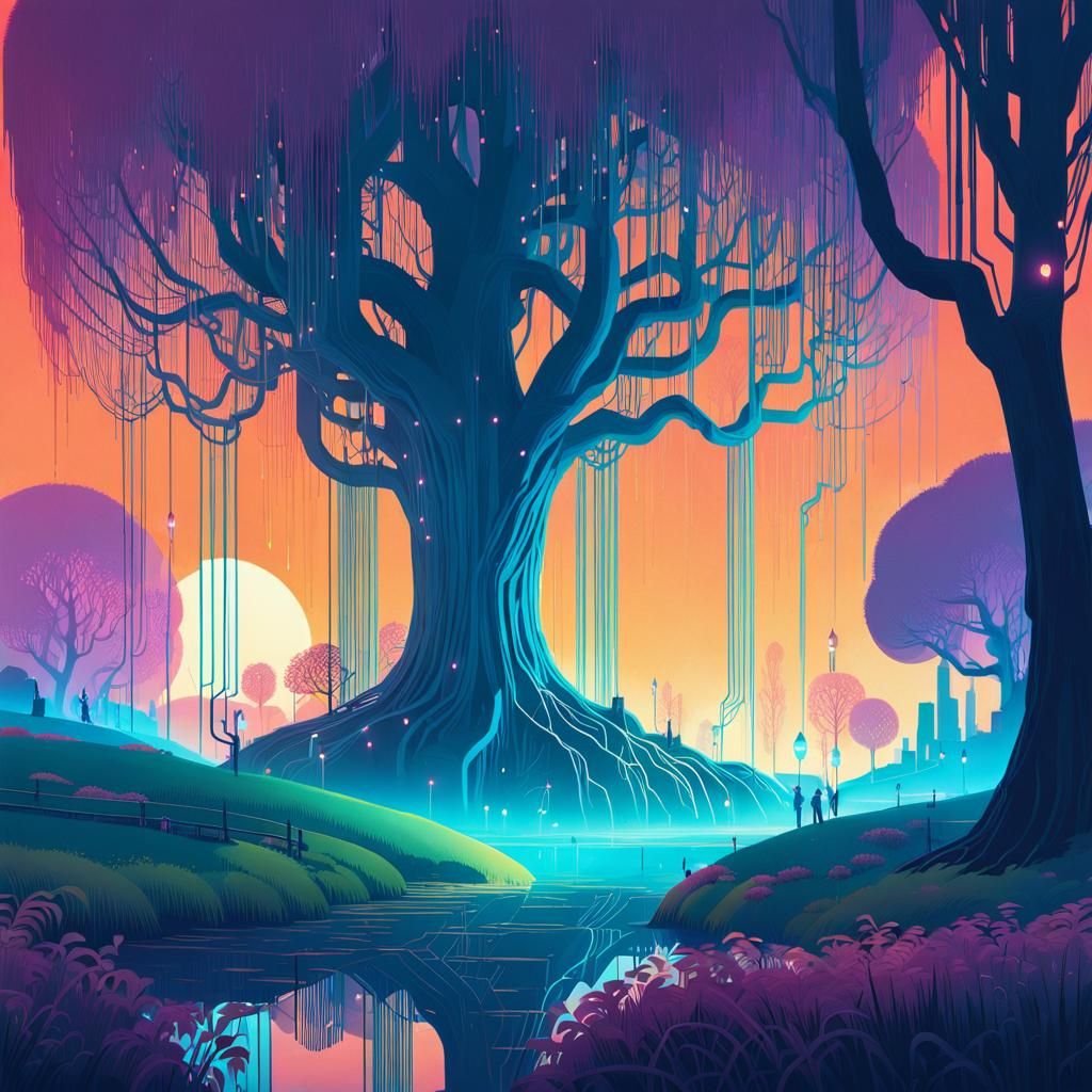 Cybernetic Weeping Willow Trees in Surreal Style