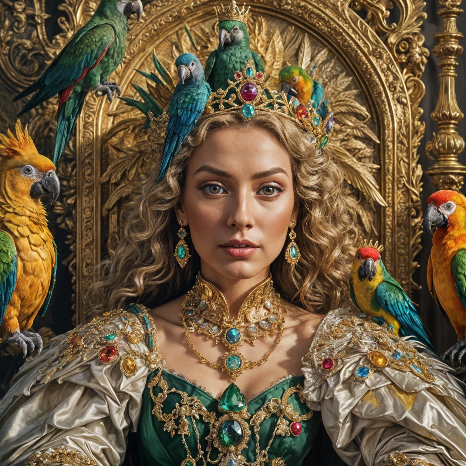Queen with Diamond Crown and Parrots