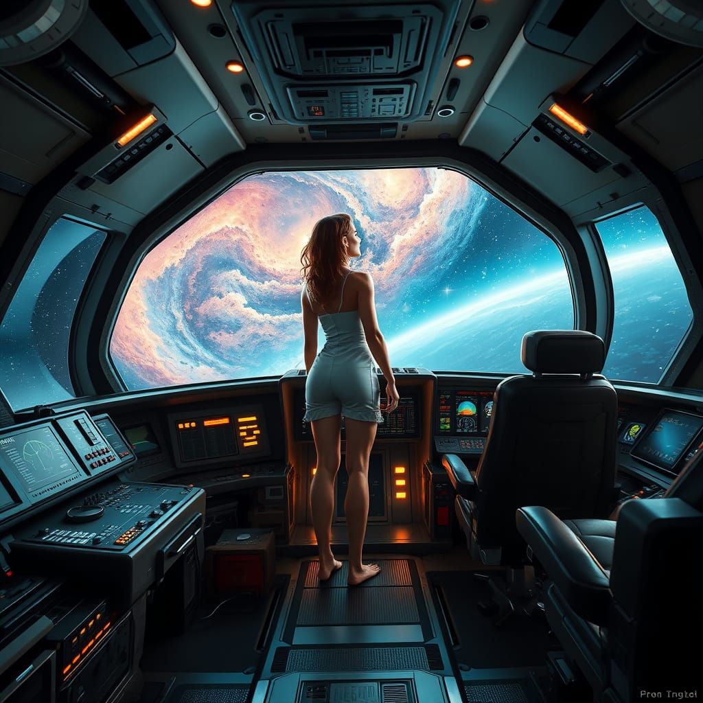 Confident Pilot Gazing Out at the Stars in a Futuristic Cock...