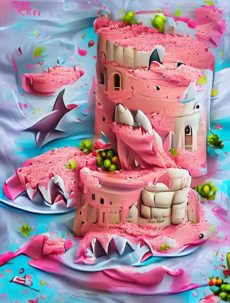 Pink Shark Castle Cake: Digital Illustration