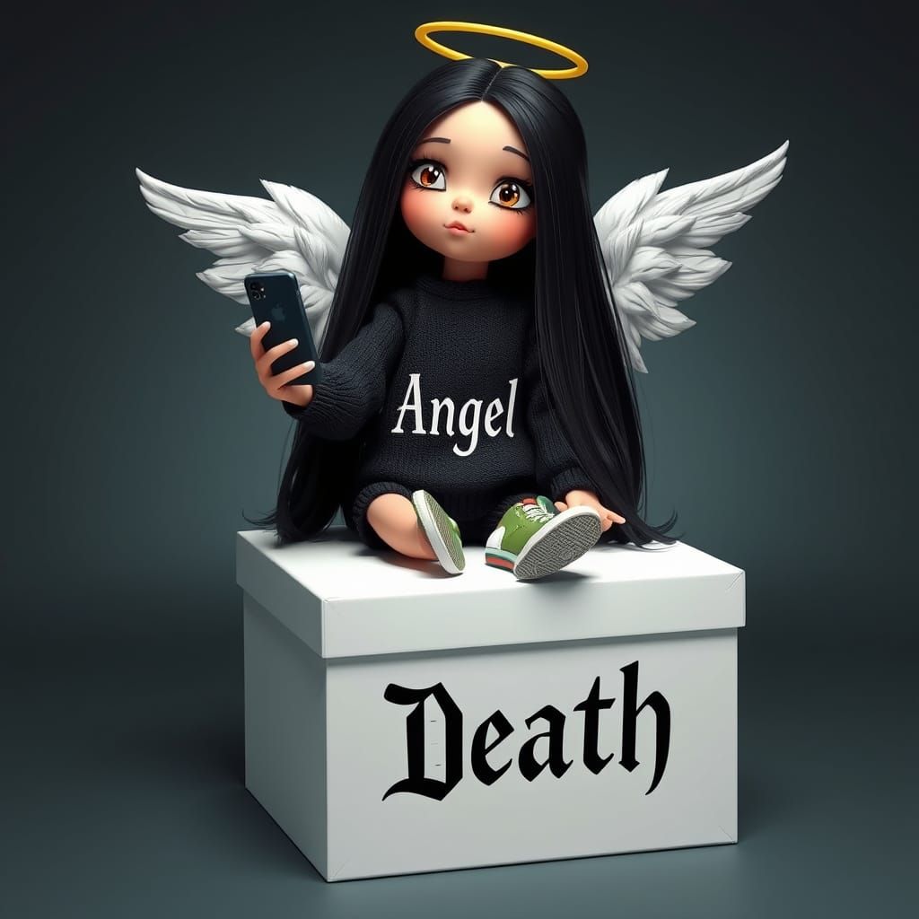 3D illustration in the style of a Pixar animation doll of the angeld of death ""The doll should have a sweet, beautiful ...