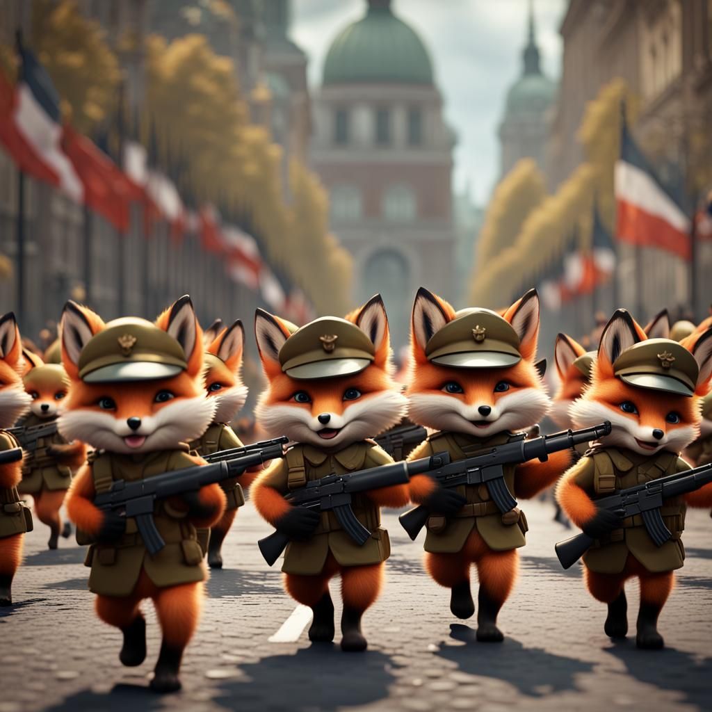 Fox Cubs Army Marching in Warsaw: Detailed Matte Painting