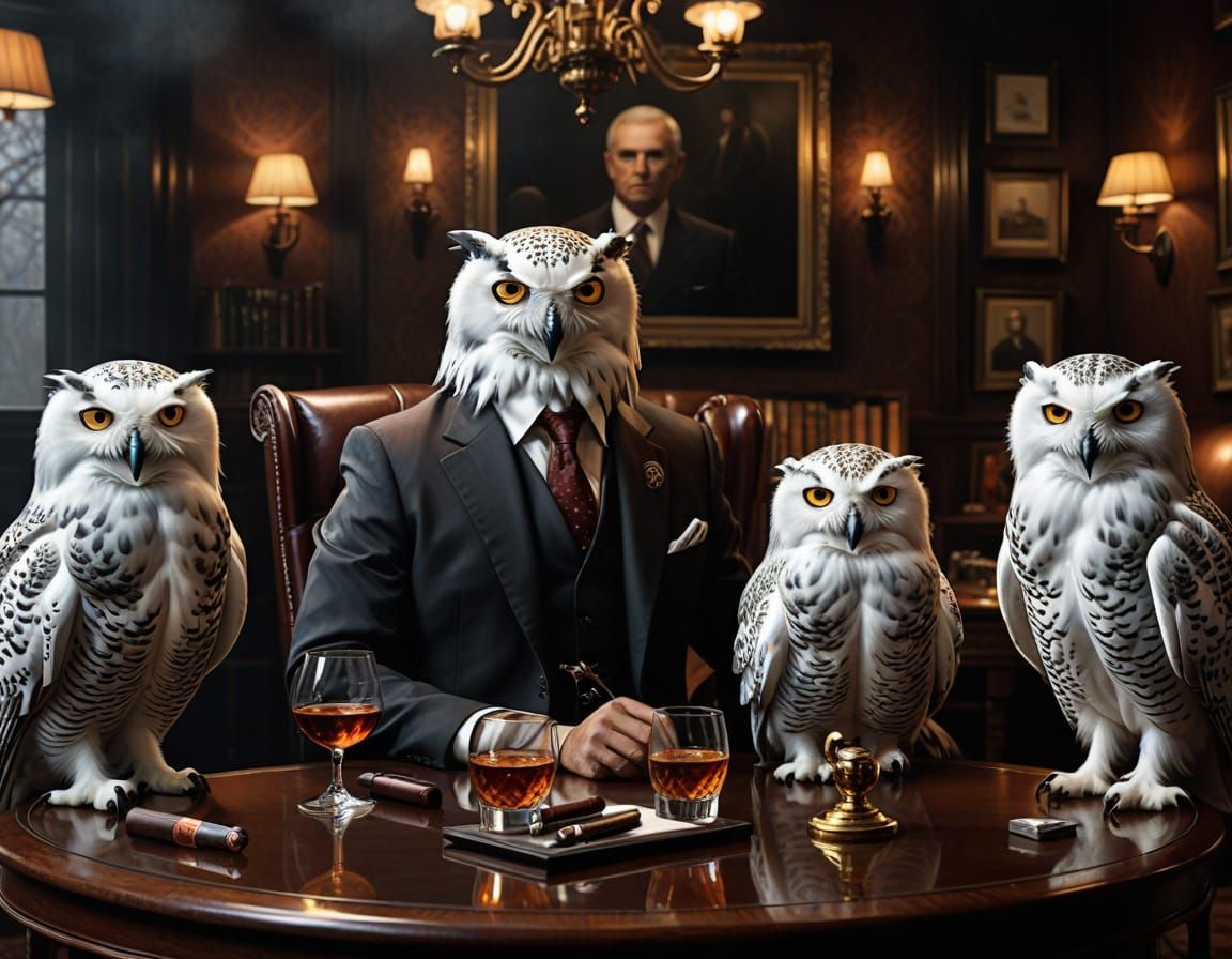 Snowy Owl Family in Cigar Lounge Oil Painting