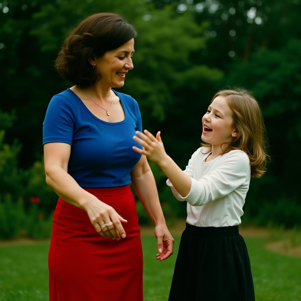 Mother and Daughter Playing in Garden, Cinematic Film Still