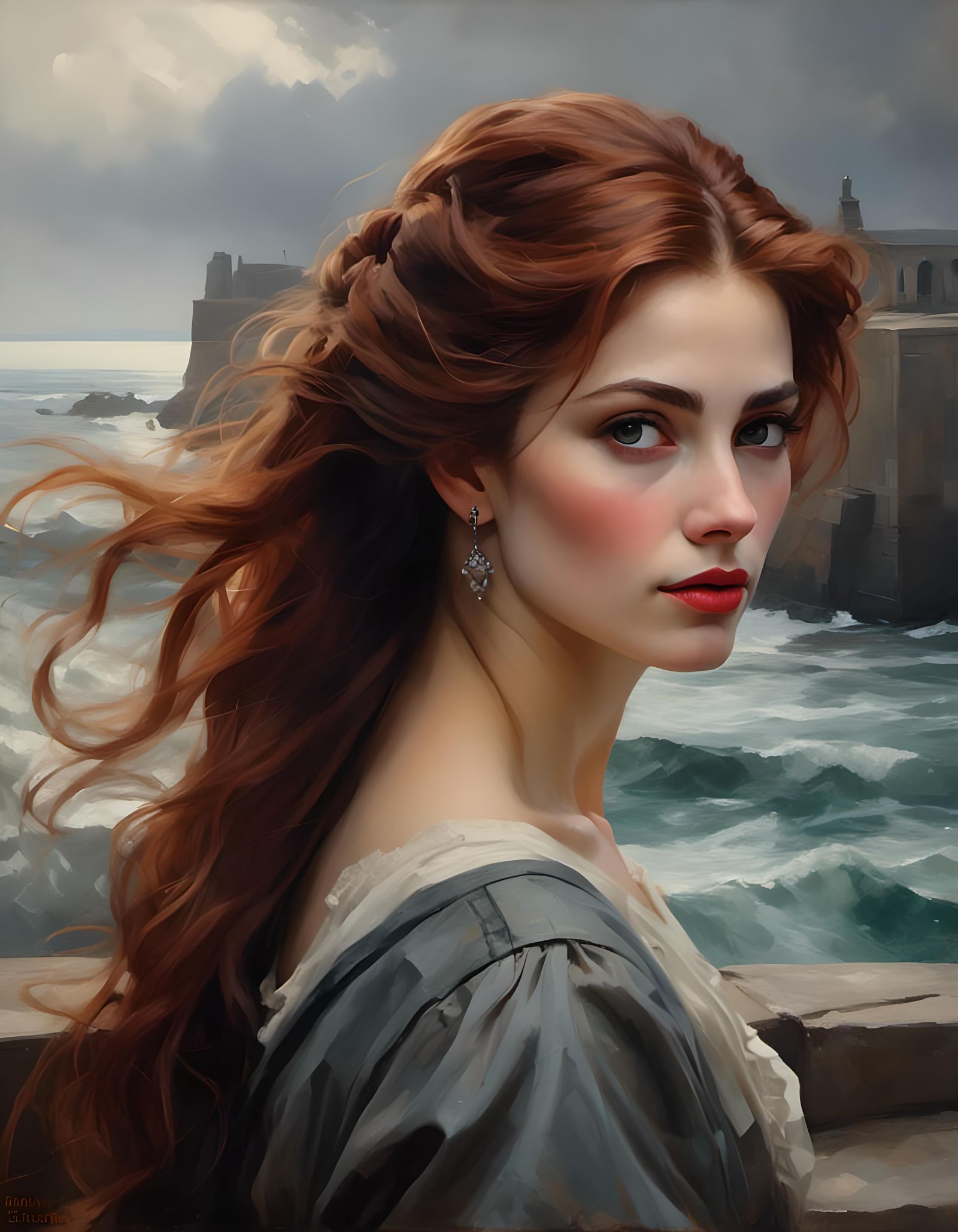 Stunning Woman with Red Highlights in Victorian Dress