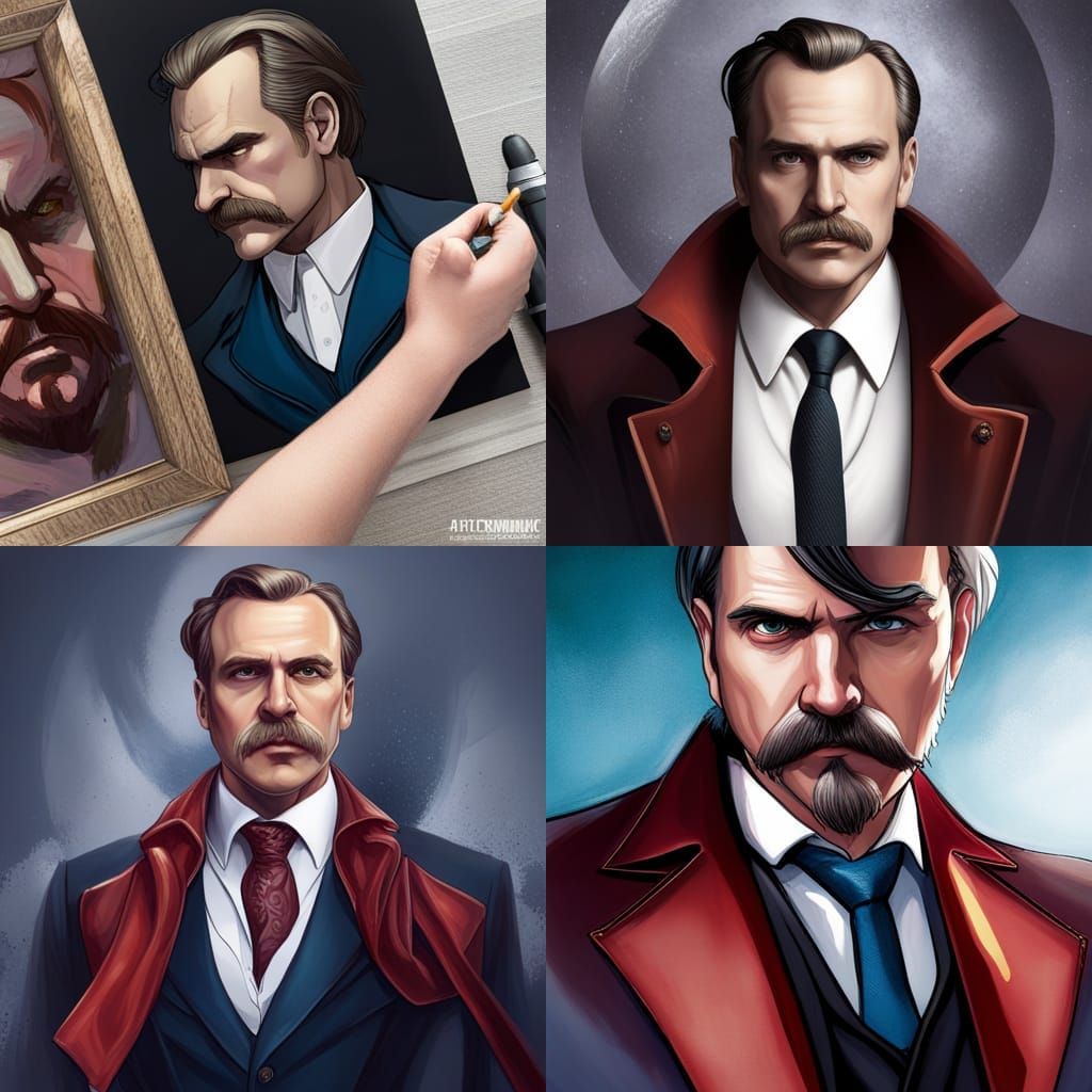 Nietzsche as Superman: Hyperdetailed Art Deco Portrait
