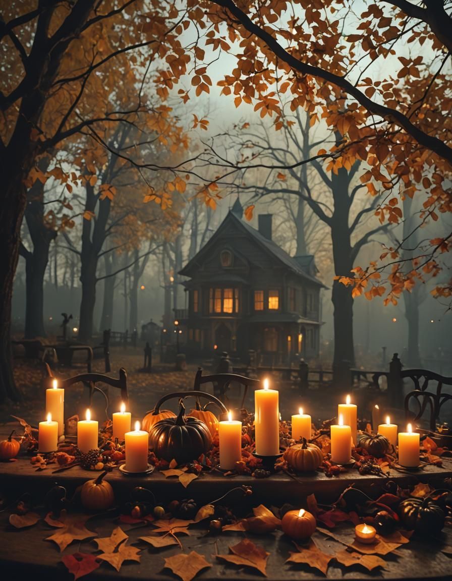 Halloween Table with Autumn Leaves in Cinematic Style